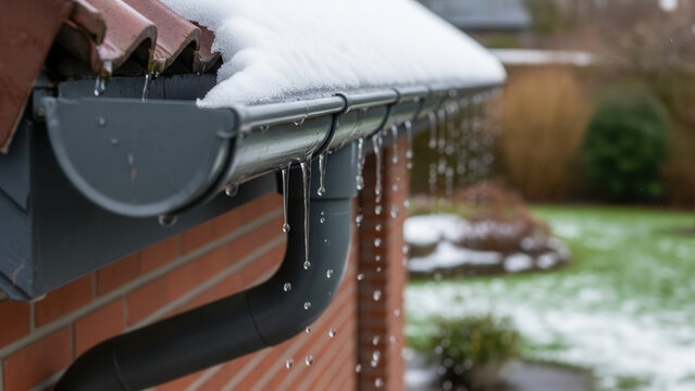 Melting snow on roof gutters and downspouts during winter thaw, water drainage and weather change