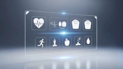 Digital health interface with various wellness and fitness icons displayed on a transparent screen, representing modern healthcare technology.