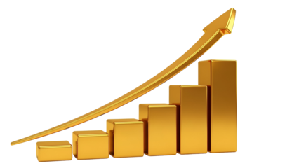 Golden 3 D bar chart with upward trending arrow