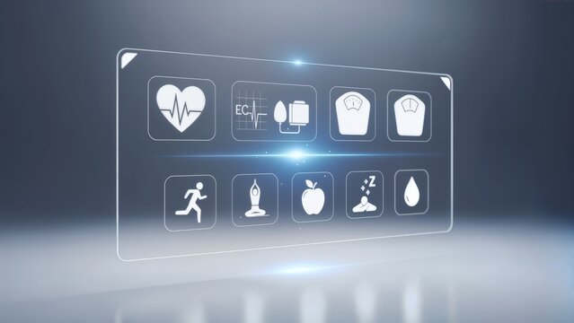 Digital health interface with various wellness and fitness icons displayed on a transparent screen, representing modern healthcare technology. - Powered by Adobe