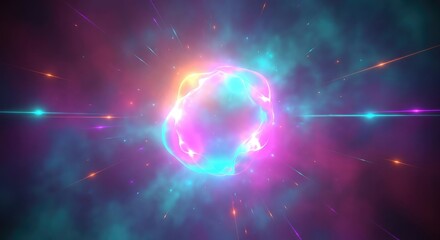 Vibrant neon glowing orb with radiant beams and colorful sparks in a dark space background with purple and blue hues and streaks of light