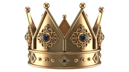 Hyper-detailed 3D golden medieval crown with baroque filigree, black gemstone accents, twin triangular peaks, polished reflective metal, diamond-studded band. Transparent background.