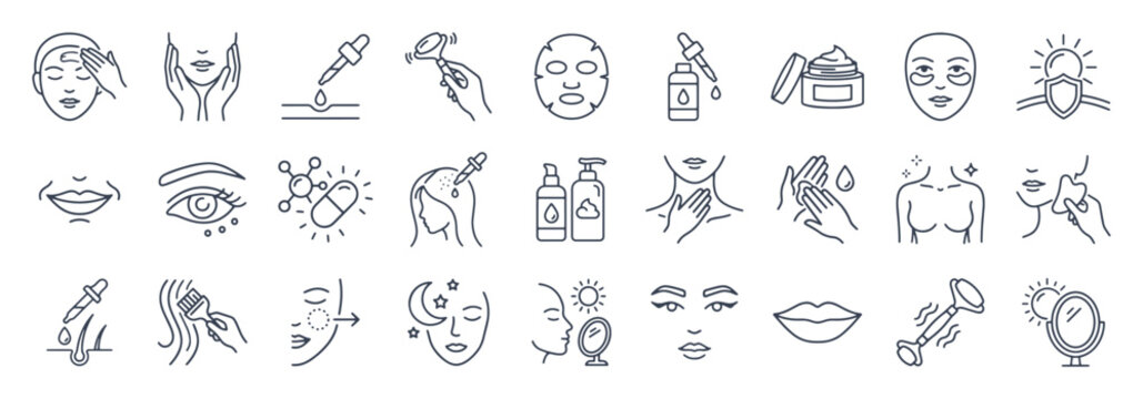 Beauty Senior Rituals line icon set. Facial massage, gua sha, under-eye patch, scalp care, serum dropper, anti-aging cream, sun protection outline vector illustrations. Signs for skincare routines.