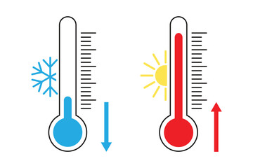 Thermometer temperature up and down icon. Hot and cold temperature thermometers.