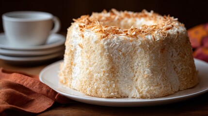 Coconut chiffon cake with subtle toasted coconut accent, warm clay background