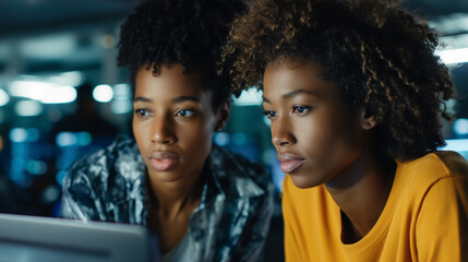 Two African American women, a mentor and a student, working together on a high-tech coding project, International Women's Day STEM empowerment, neon screen reflections on faces, sh