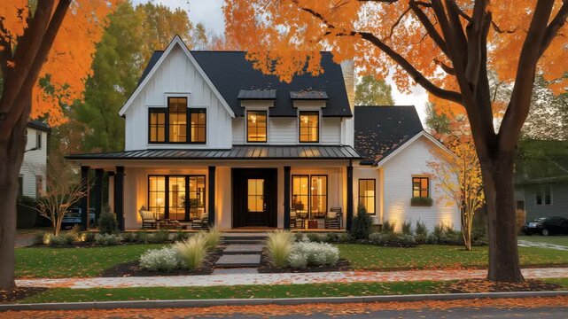 白い住宅の外観と紅葉並木が続く夕景の写真