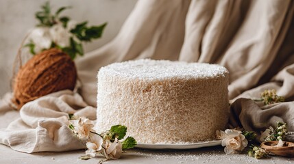Fototapeta premium Coconut chiffon cake topped with fine coconut flakes, off-white porcelain plate, clean studio background
