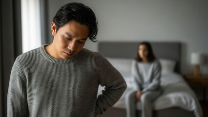Asian couple experiencing relationship issues in bedroom, emotional tension and communication challenges