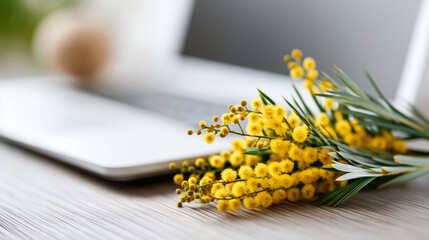 Close-up of a mimosa sprig resting on a minimalist wooden desk next to a modern laptop, International Women's Day in a Milanese office, corporate support for women's rights, soft p