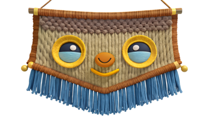 Handmade woven wall hanging with smiling face and tassels, Isolated on White Background