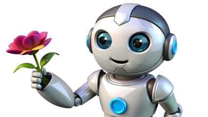 Friendly robot holding pink flower with blue eyes smiling, Isolated on White Background
