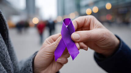 Close-up of hands pinning a purple ribbon to a coat lapel, symbol of International Women's Day solidarity in Berlin, urban street background, soft moody daylight, sharp focus on th