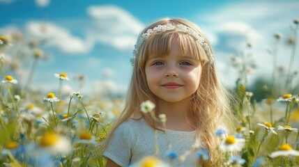 Portrait of a cute little girl with flower crown in a chamomile meadow