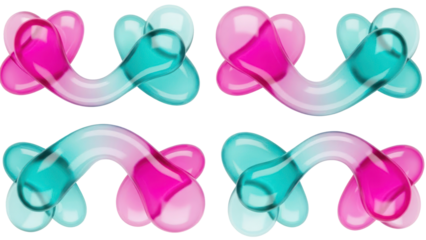 Abstract 3D shapes, pink and teal, isolated on transparent background