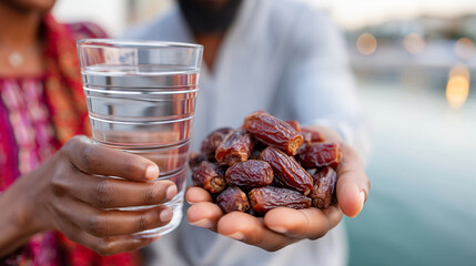 Close-up of hands of a diverse couple sharing organic dates and a glass of water to break the fast, soft evening golden light, spiritual Ramadan ritual, sharp focus on texture of t