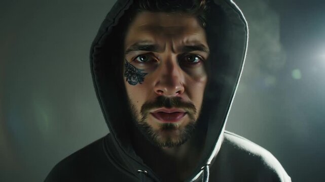 Cinematic urban night scene, young male criminal wearing dark hoodie, partial face tattoo visible, standing deep shadows alley, low-key flickering streetlight face slow intervals, intense eyes staring