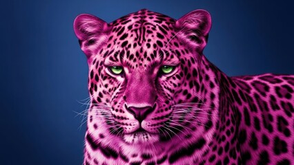 Obraz premium Pink leopard portrait against dark blue background