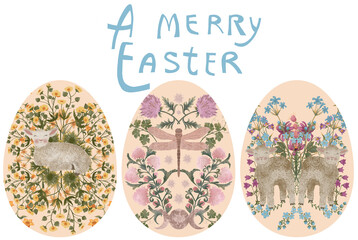 Hand drawn botanical illustration. A set of 3 Easter eggs featuring flowers, sheep, dragonflies and a greeting on a white background.