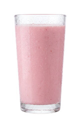 Glass of cold pink strawberry smoothie with condensation