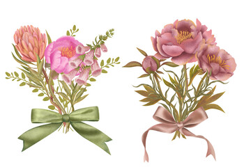 A set of 2 watercolor botanical illustrations of flower bouquets with satin bows on a white background. Watercolor pink peony. Watercolor protea. Pink foxglove flower.