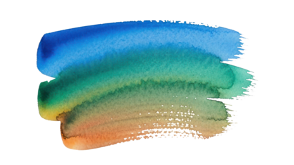 Abstract watercolor brush stroke, blue, green, and orange, isolated on transparent background