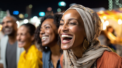 A group of diverse friends laughing and sharing a meal at a Ramadan night market, vibrant street food stalls, warm ambient lighting, bokeh city lights, sharp focus on joyful expres