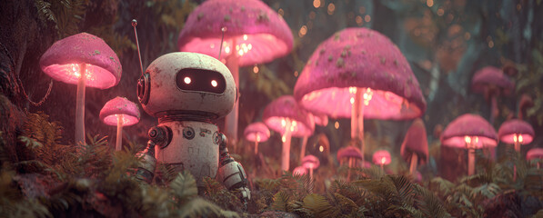Cute robot with a rounded white body, black visor eyes, and antenna standing in a mystical forest surrounded by glowing pink fungi with textured caps and smooth stems