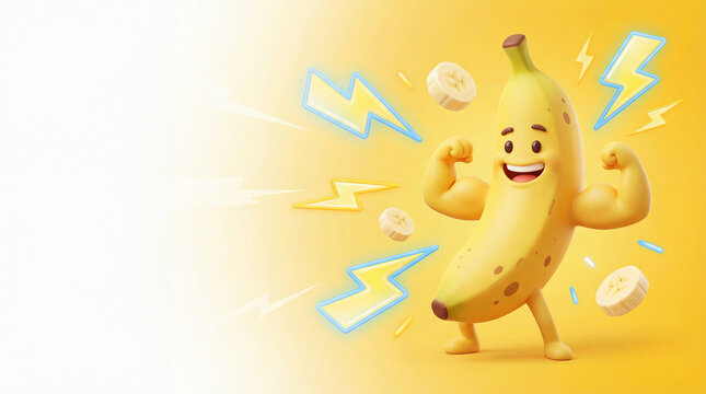 Strong banana character flexing muscles with energy bolts