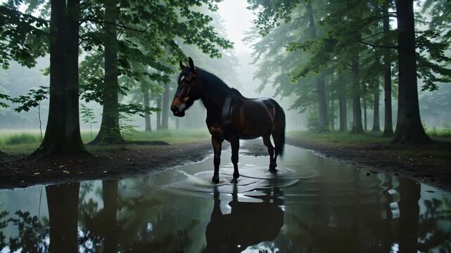 Horse silhouette galloping misty moorlands twilight, dramatic purple orange sky, slow motion elegant equine profile, ethereal floating dust fireflies, cinematic lighting, wide aerial shots 4K footage