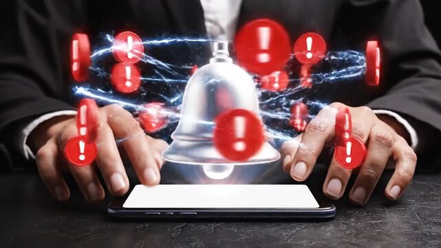 Alerts and notifications concept a smartphone displays a bell icon surrounded by red exclamation marks and glowing effects, symbolizing important messages and urgent updates