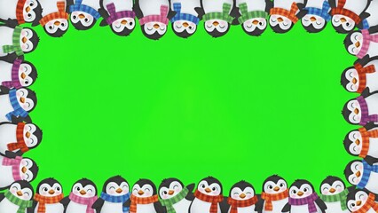 Obraz premium Christmas Ornaments Border with Cartoon Penguins on Green Background