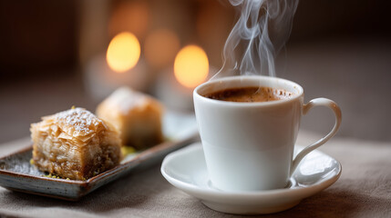 Close-up of a steaming cup of Arabic coffee (Gahwa) next to a plate of baklava, warm candlelight, cozy Ramadan evening atmosphere, sharp focus on steam and pastry layers, with copy
