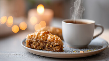 Close-up of a steaming cup of Arabic coffee (Gahwa) next to a plate of baklava, warm candlelight, cozy Ramadan evening atmosphere, sharp focus on steam and pastry layers, with copy