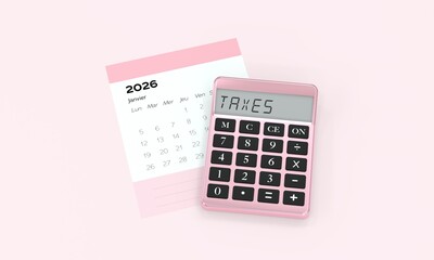 une calculatrice pos&eacute;e sur une page de calendrier 2026 pour les nouvelles taxes - rendu 3D