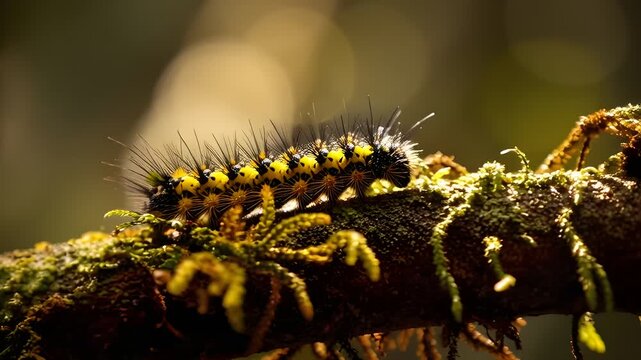 Close-up of an american dagger moth caterpillar crawling on a mossy branch with yellow and black spiky hairs, against a blurred green background.