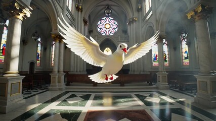 Cinematic stock video, white dove descending slowly church during worship, sunbeams high windows, lens flare, drifting dust particles, awe-inspired congregation, slow motion, spiritual sacred mood, 4K