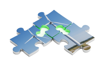 photorealistic macro shot of three glossy jigsaw puzzle pieces with a wind turbine image interlocking perfectly, subtle green light on seams, isolated on white. concept of sustainable energy