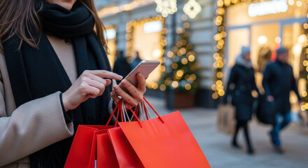 Woman holding red shopping bags and using smartphone in winter street, holiday shopping and festive season