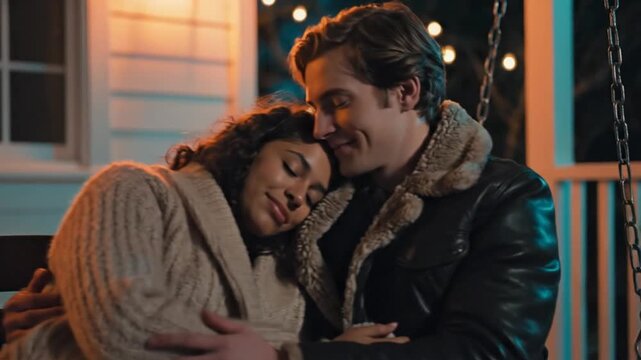 A heartwarming portrait of a couple embracing tenderly during a peaceful evening, evoking feelings of love and contentment