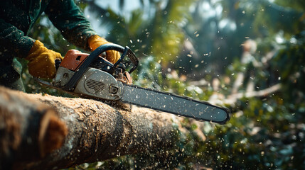 Lumberjack using a chainsaw to cut a large tree log with wood chips flying in sunlight