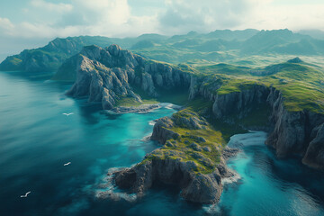 An aerial view of spectacular lush green coastal cliffs, surrounded by a turquoise ocean.