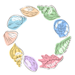 Colorful seashell wreath in flat style isolated on a white background.