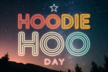 Vibrant neon sign spelling out hoodie hoo day with a bright star above against a stunning galaxy night sky background