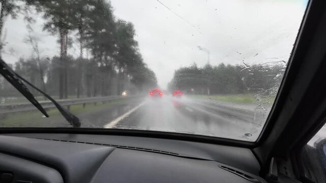 Car windshield wipers sweeping during rain, driving in the rain