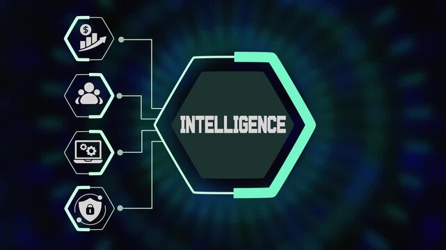 Business intelligence concept with data driven hexagon dashboard, analytics icons, decision support system and futuristic digital technology background.