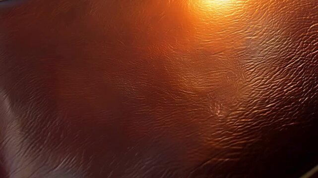 Detailed shot of high-quality brown leather material with warm lighting. Elegant texture suitable for luxury, fashion, and upholstery backgrounds.