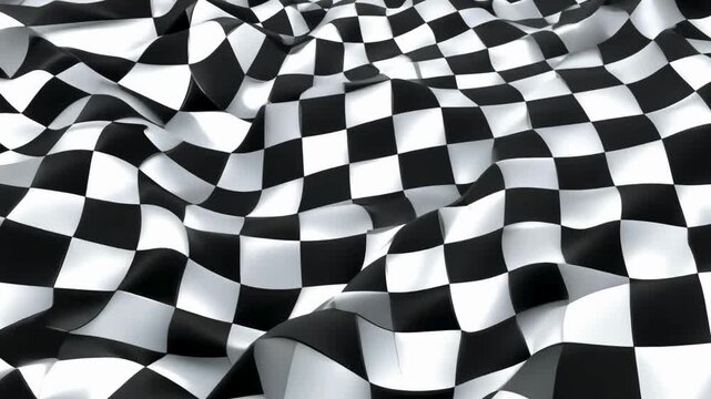 High-contrast black and white checkered racing flag waving in a smooth, fluid motion. Perfect for racing, competition, and finish line concepts.