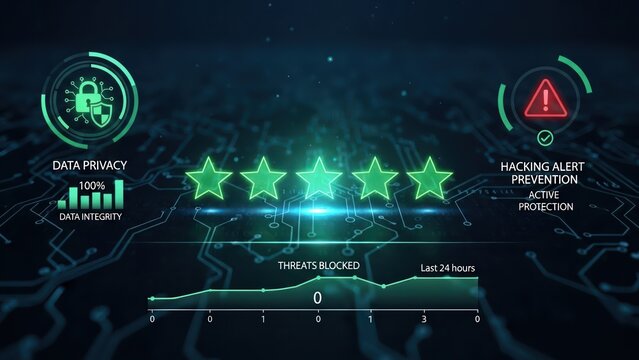 Digital interface reviewing five star rating representing cybersecurity protection with data privacy and hacking alert prevention - Powered by Adobe