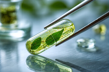 Green herbal capsule with fresh leaves held by tweezers - a natural medicine and nutraceutical concept for biotech, phytotherapy and wellness research
